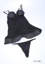 Sexy lingerie set, voorgevormde en gevoerde beha, jurkje van tule, string in zwart tule, lurex Maat 75/80A