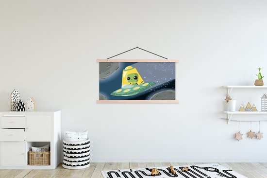 Illustration pour enfants d'un extraterrestre dans un OVNI affiche textielposter lattes vierges 120x60 cm - Tirage photo sur plaque scolaire (décoration murale salon / chambre)