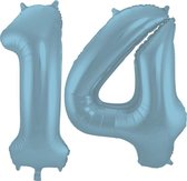 De Ballonnenkoning - Folieballon Cijfer 14 Blauw Pastel Metallic Mat - 86 cm