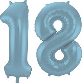De Ballonnenkoning - Folieballon Cijfer 18 Blauw Pastel Metallic Mat - 86 cm