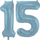 De Ballonnenkoning - Folieballon Cijfer 15 Blauw Pastel Metallic Mat - 86 cm