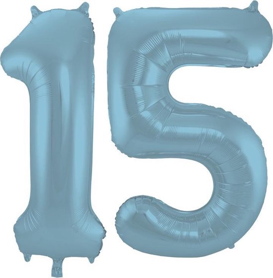 Folieballon Cijfer 15 Blauw Pastel Metallic Mat - 86 cm