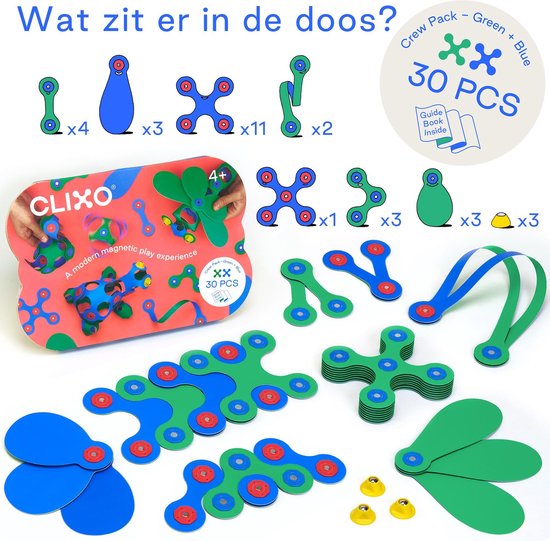 Clixo Crew 30 stuks set (blauw/groen)- flexibel magnetisch speelgoed– combinatie van origami en bouwspeelgoed-montessori speelgoed- educatief speelgoed- speelgoed 4,5,6,7,8 jaar jongens en meisjes