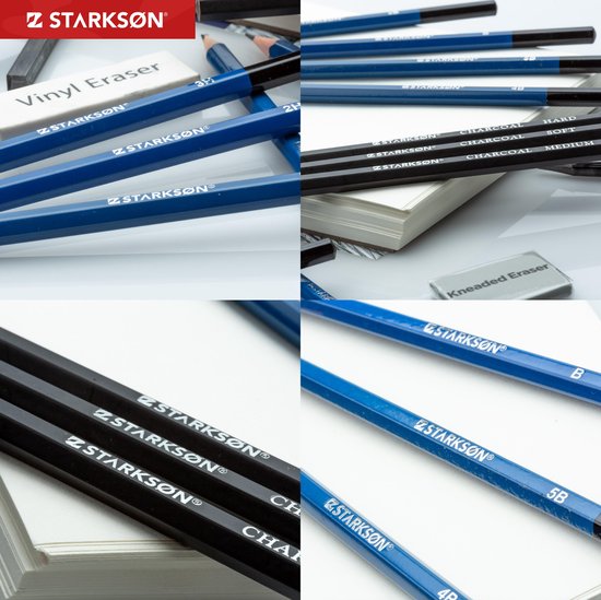 STARKSØN Professioneel 41-Delige Potloden Tekenset incl. Tekenpotloden, Schetspotloden, Schetsboek & Accessoires - Tekenen met Houtskool & Grafiet