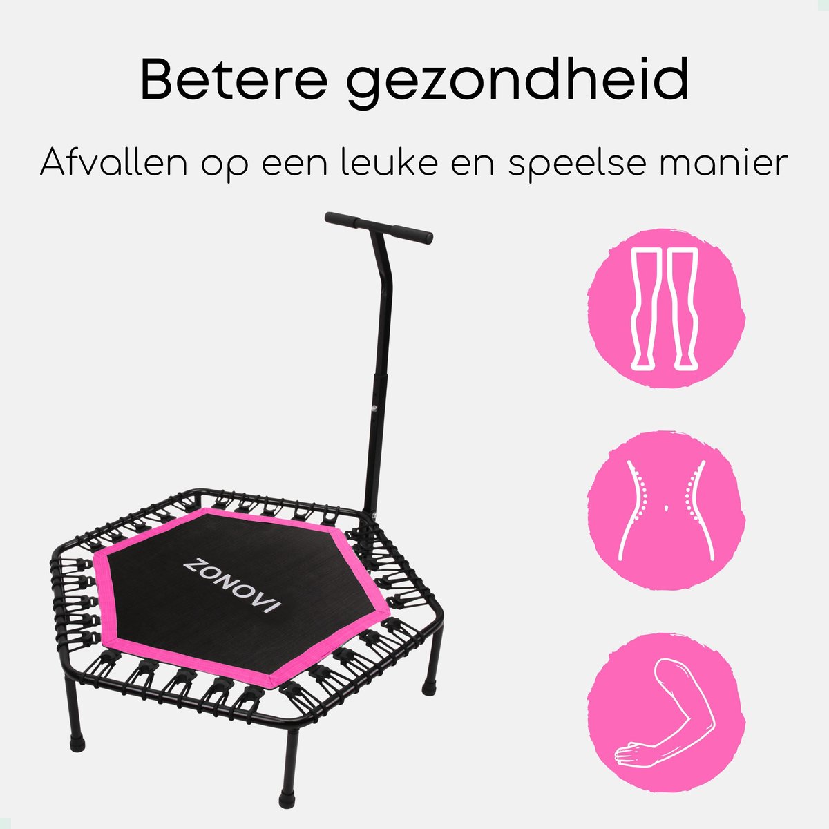 Zonovi Fitness Trampoline - Draagkracht 250 KG – Mini Trampoline – Kleine Trampoline – Sport Trampoline – Met Elastieken – Rebounder - Binnen - Indoor - Volwassenen - Handvat - Peuter - Met Stang - Bouncer - Zwart – Roze – 106 cm – 42 inch. — afbeelding 2