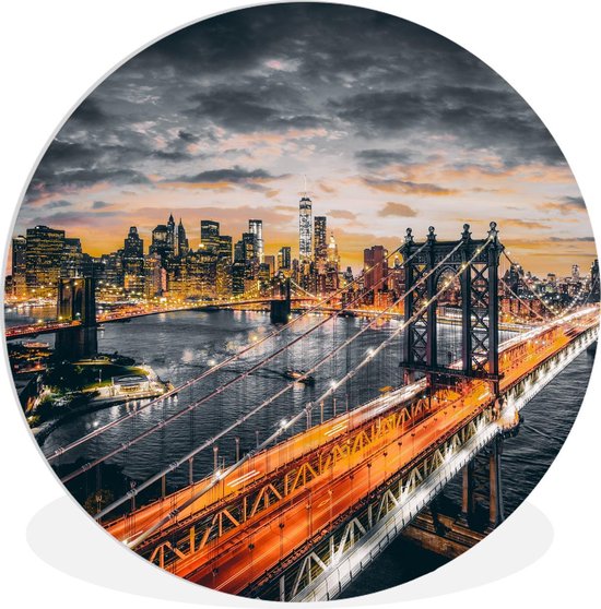 WallCircle - Wandcirkel ⌀ 30 - New York - Oranje - Brug - Ronde schilderijen woonkamer - Wandbord rond - Muurdecoratie cirkel - Kamer decoratie binnen - Wanddecoratie muurcirkel - Woonaccessoires