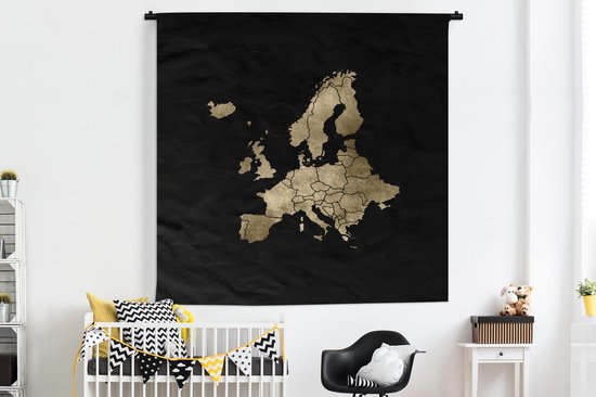 Wandkleed - Wanddoek - Europa kaart - Goud - Zwart - 180x180 cm - Wandtapijt