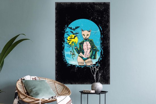 Stickers muraux - Vintage - Chat - Chapeau - 60x90 cm - Film Adhésif