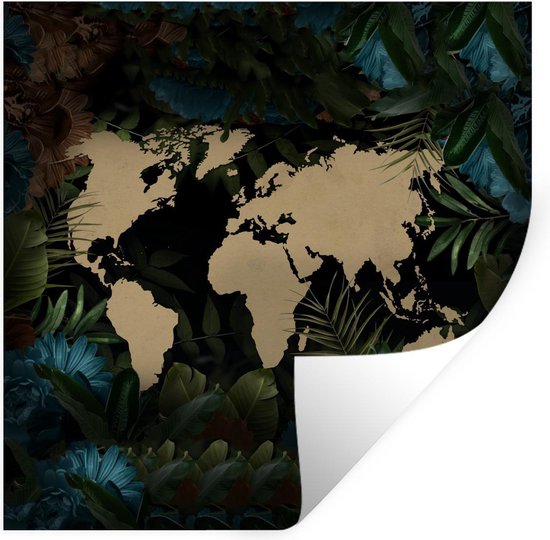 Stickers muraux - Wereldkaart - Fleurs - Blauw - 80x80 cm - Film adhésif