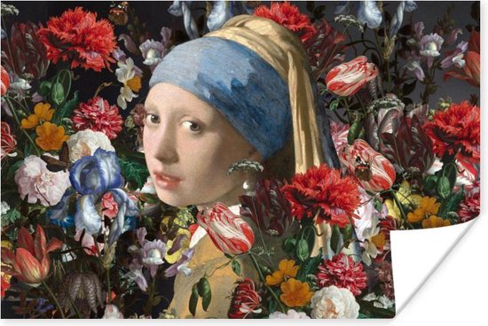 Poster Meisje met de parel - Johannes Vermeer - Bloemen - 60x40 cm