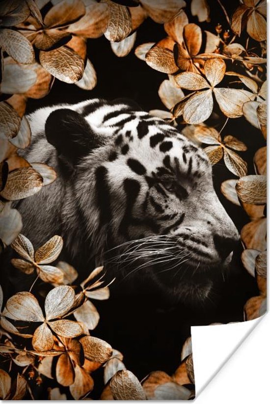 Poster Tijger - Zebra - Bladeren - 80x120 cm