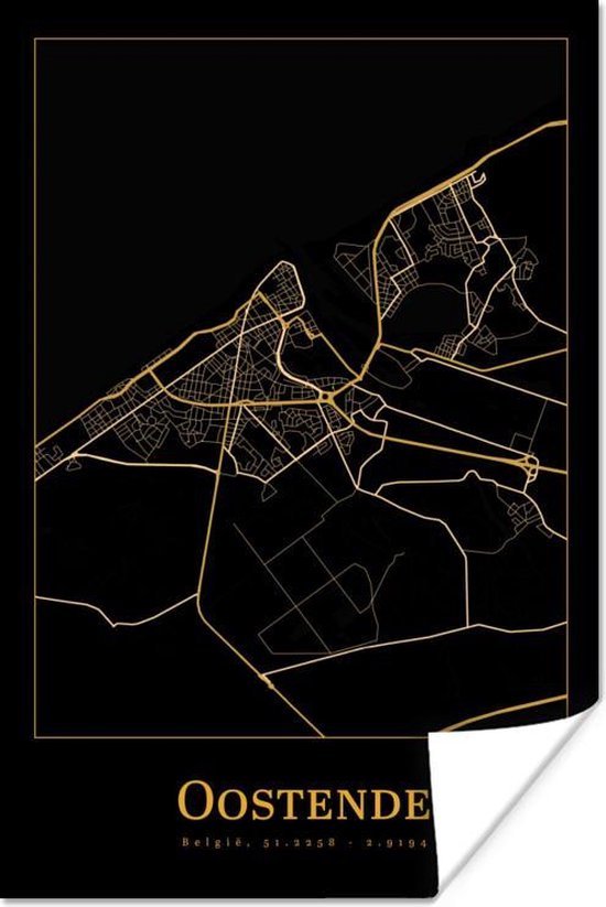 Poster Kaart - Oostende - Goud - Zwart - 20x30 cm
