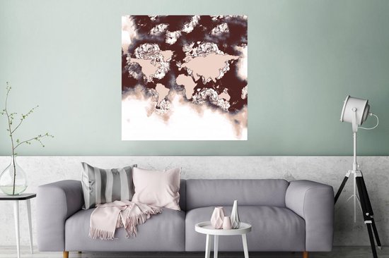 Affiche Wereldkaart - Fleurs - Marron - 75x75 cm