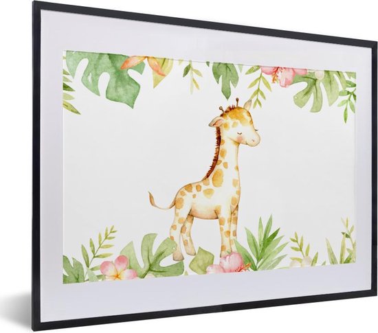 Fotolijst incl. Poster - Giraffe - Jungle - Bloemen - Waterverf - 40x30 cm - Posterlijst