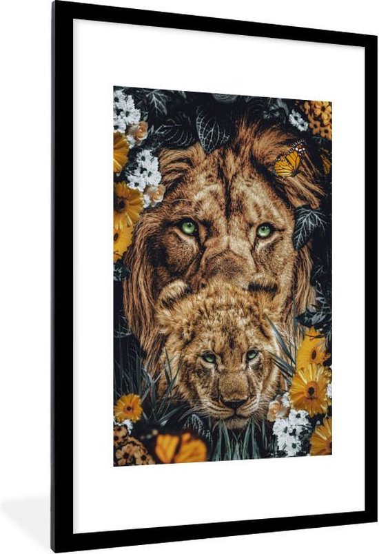 Fotolijst incl. Poster - Leeuwen - Bloemen - Vlinder - 80x120 cm - Posterlijst