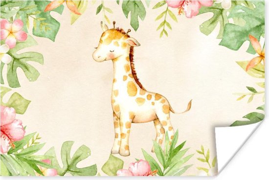Poster Giraffe - Aquarelverf - Bloemen - Jungle - 90x60 cm