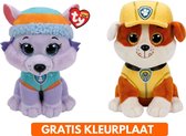 Ty Paw Patrol knuffel 2x zachte knuffels Everest en Rubble 15 cm met kleurplaat - schattig Kinder poppen speelgoed hondjes Nickelodeon