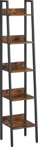 c90 - boekenkast, ladder plank met 5 planken, open, vloer plank, smal, voor woonkamer, slaapkamer, keuken, kantoor, metalen frame, industrieel ontwerp, vintage bruin-zwart