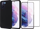 Samsung Galaxy S21 FE Hoesje - Matte Back Cover Microvezel Siliconen Case Hoes Zwart - Full Tempered Glass Screenprotector