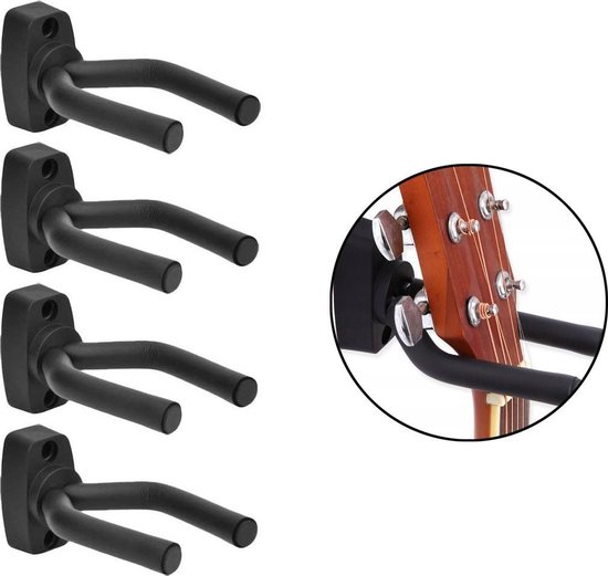 Vier zwarte gitaarhangers met een gitaarhals in een close-up.