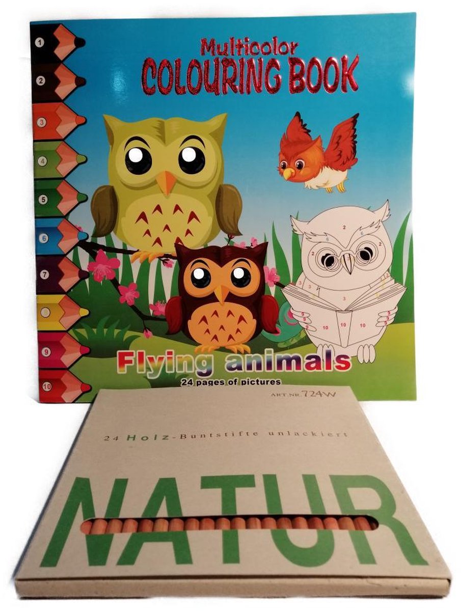 Kleurboek 29 x 29 cm - Flying Animals - Kleuren op nummer - 24 pagina's - Voordeelset 1 x Kleurboek Plus doos Duurzame Potloden 24 stuks