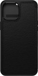 Zwarte OtterBox Strada case met lederlook textuur, een uitsparing voor de cameralens en zijwaartse knoppen.