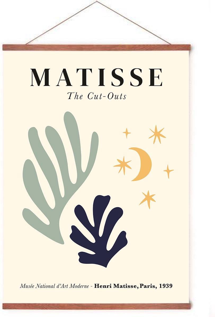 Esque Poster In Posterhanger - Bladeren en Sterren - Kader Hout - Henri Matisse - Abstracte Kunst - 70x50 cm - Ophangsysteem Geel