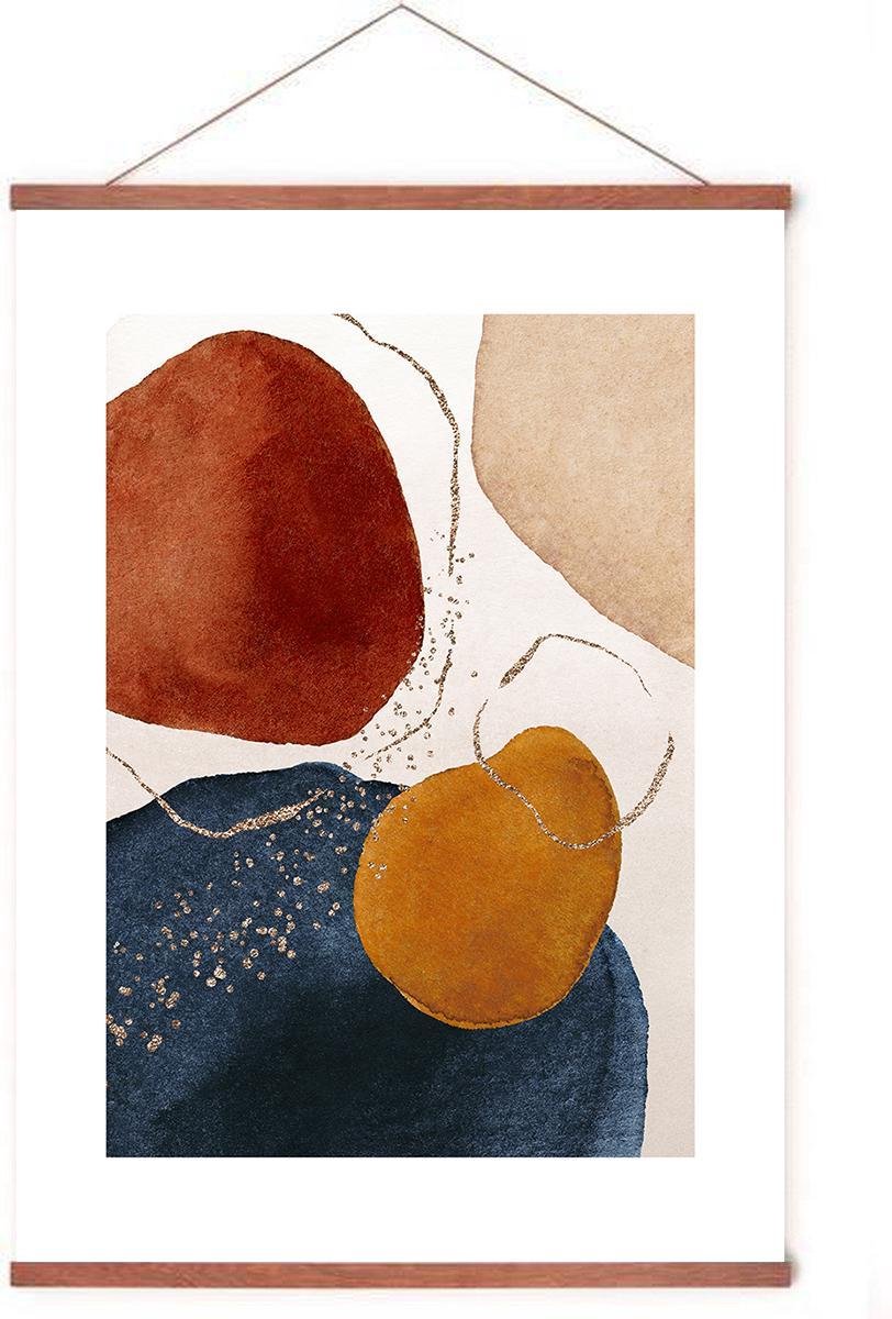 Esque Poster In Posterhanger - Abstract Waterverf - Kader Hout - Bordeaux - Kunst Composition - 70x50 cm - Ophangsysteem