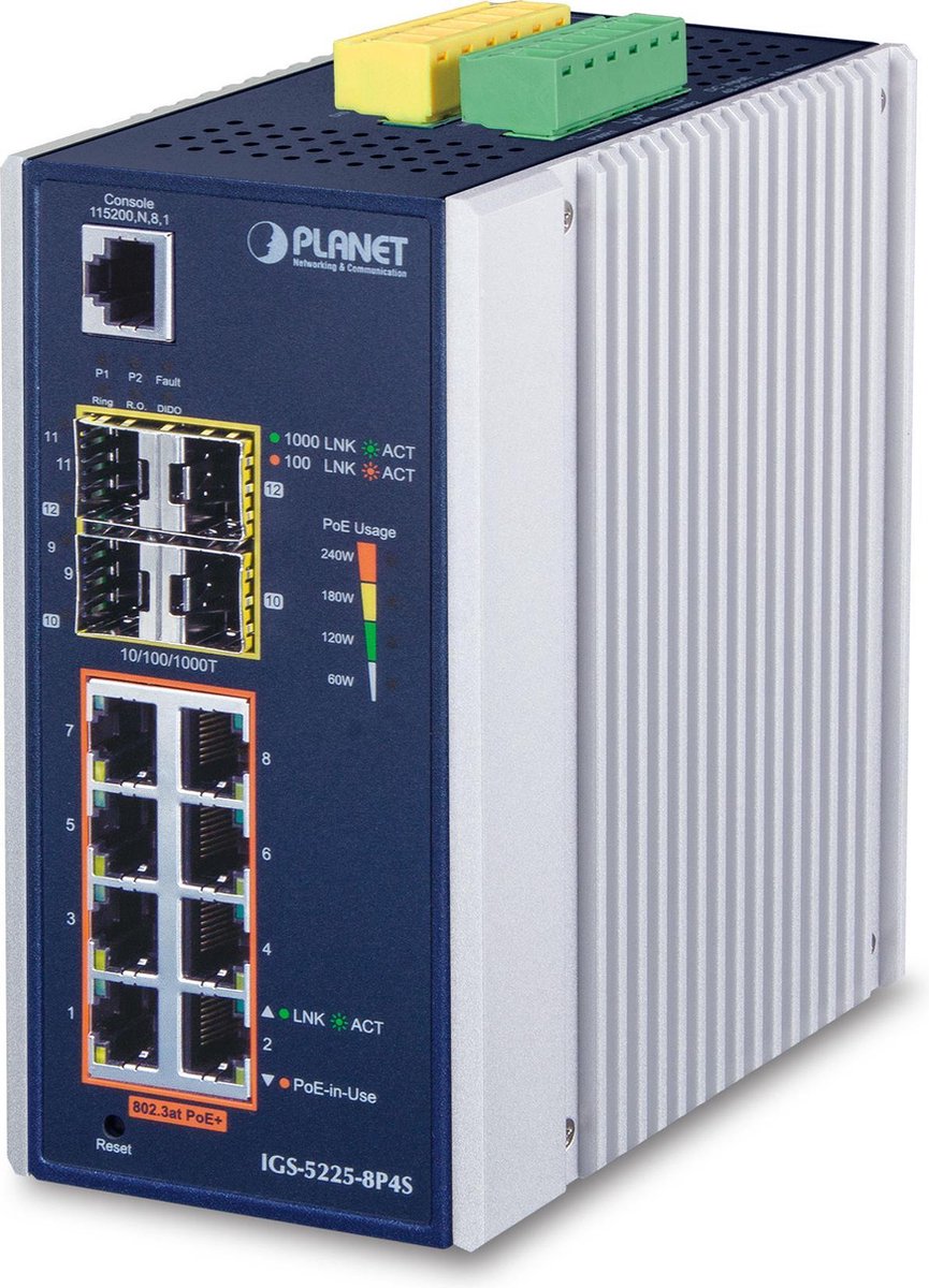 PLANET IGS-5225-8P4S netwerk-switch Managed L2+ Gigabit Ethernet (10/100/1000) Power over Ethernet (PoE) Blauw, Zilver