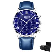 NIBOSI - Horloge voor mannen - Blauw/Zilverkleurig - Quartz - 42mm - Leren band - 3 ATM waterdicht