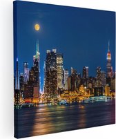 Artaza Canvas Schilderij Verlichte Skyline Van New York Met Volle Maan - 60x60 - Foto Op Canvas - Canvas Print