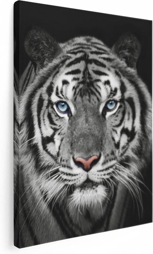 Artaza - Peinture sur toile - Tête de tigre aux yeux bleus - Zwart Wit - 30 x 40 - Klein - Photo sur toile - Impression sur toile