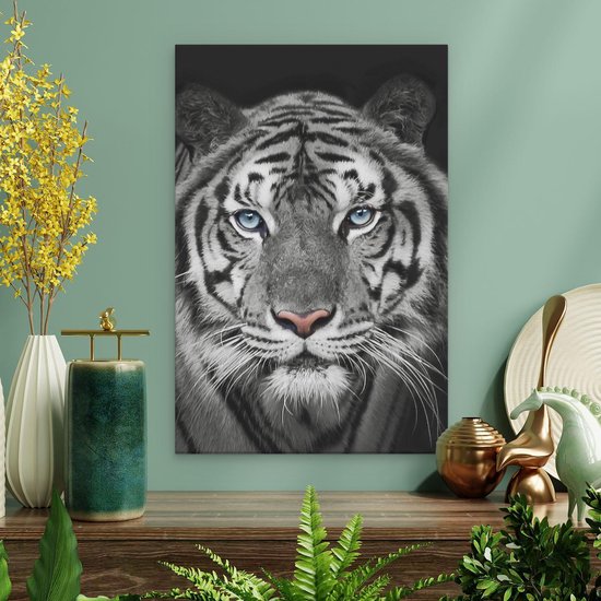 Artaza - Peinture sur toile - Tête de tigre aux yeux bleus - Zwart Wit - 20 x 30 - Klein - Photo sur toile - Impression sur toile