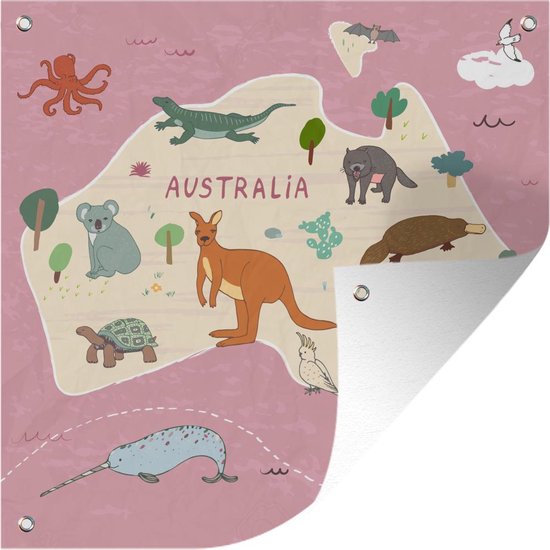 Tuin poster Dieren - Wereldkaart kinderen - Australië - Meisjes - Meiden - Kids - 200x200 cm - Tuindoek - Buitenposter