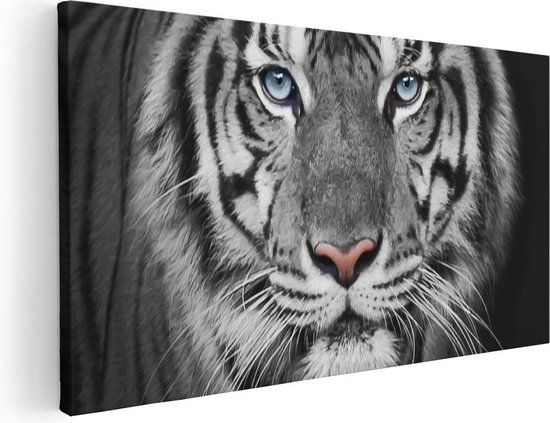 Artaza Canvas Schilderij Tijgerkop Met Blauwe Ogen - Zwart Wit - 120x60 - Groot - Foto Op Canvas - Canvas Print