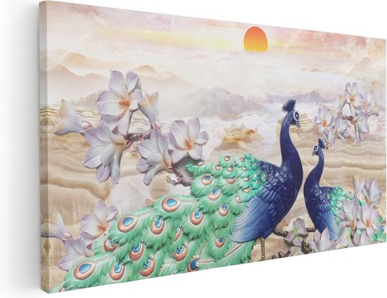 Artaza Canvas Schilderij Twee Pauwen Bij Elkaar Met Bloemen - Liefde - 60x30 - Foto Op Canvas - Canvas Print