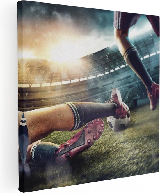 Artaza Canvas Schilderij Voetbal Sliding In Het Stadion - 40x40 - Klein - Foto Op Canvas - Canvas Print
