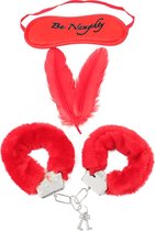 Bondage Naughty Red | rode handboeien, blinddoek en streelveren - Romantisch | Set | geliefden | Be Naughty  | Love set| pluche  | handboeien |bont | hoofdband en 2 veren | Topper!