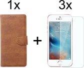 iPhone 5/5S/SE hoesje bookcase bruin apple wallet case portemonnee hoes cover hoesjes - 3x iPhone 5/5S/SE screenprotector