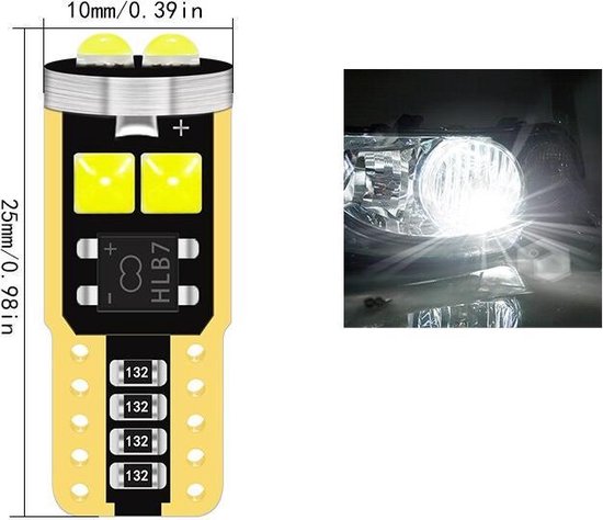 Led lamp, helder wit, afmetingen 10mm x 25mm.