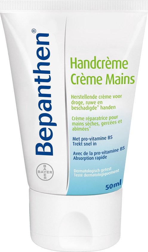 Bepanthen Handcrème is een herstellende crème voor droge, ruwe en beschadigde handen, 50 ml