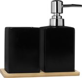 QUVIO Distributeur de savon avec QUVIO brosse à dents + sous- verre en bois / Distributeur de savon / Savon / Savon pour les mains / Porte-savon - 8,5 x 16 x 16 - Zwart
