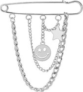 Fako Bijoux® - Sierspeld - Sjaalspeld - Vestsluiting - Vestspeld - Ketting - Smiley & Ster - Zilverkleurig