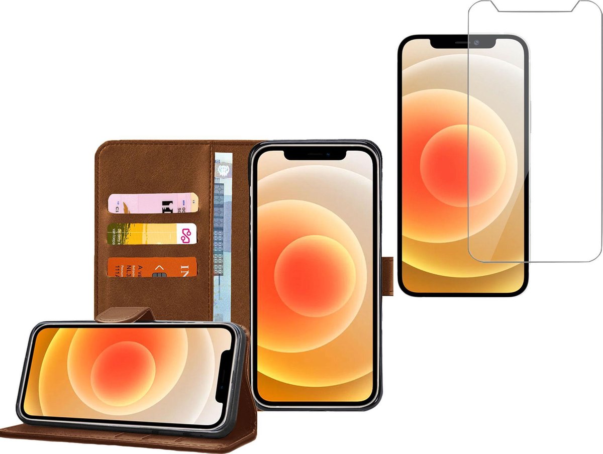 Geschikt voor iPhone 13 Pro - Book Case Portemonnee Hoesje Bruin met Screenprotector