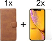 iPhone X/XS hoesje bookcase bruin apple wallet case portemonnee hoes cover hoesjes - 2x iPhone X/XS screenprotector