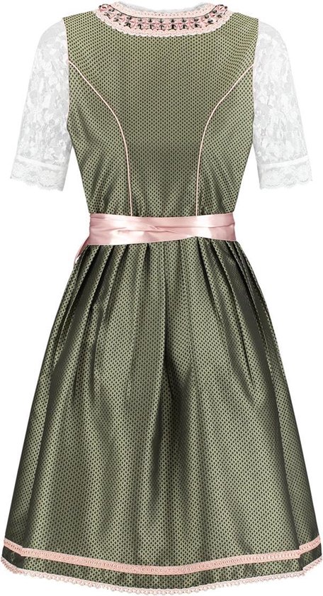 Groene dirndl met roze kanten accenten, witte kanten mouwen en een roze ceintuur.