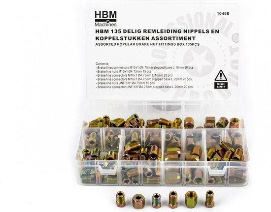 Goudkleurige metalen remleiding nippel en koppelstukken assortiment in een plastic doos.