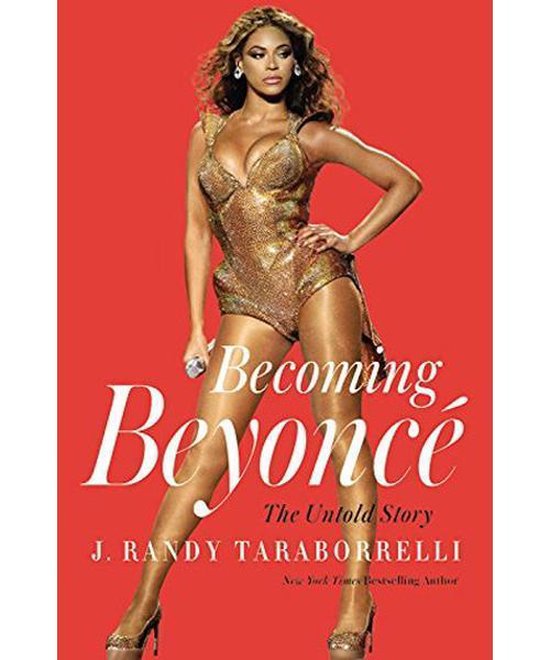 Boekomslag 'Becoming Beyoncé' met Beyoncé in gouden glitterpak en rode achtergrond.