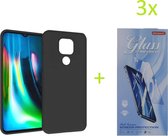 Motorola Moto G9 Play & E7 Plus TPU Silicone rubberen hoesje + 3 Stuks Tempered screenprotector - zwart