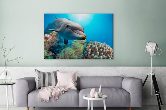 Canvas schilderij 120x80 cm - Wanddecoratie Dolfijn - Zee - Koraal - Muurdecoratie woonkamer - Slaapkamer decoratie - Kamer accessoires - Schilderijen op canvas